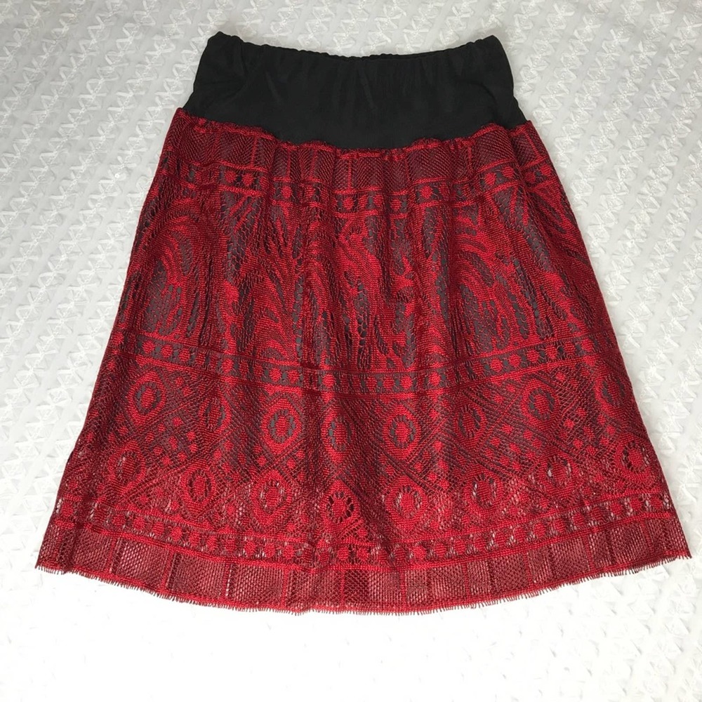 Handmade Red Black Lace Skirt with Slimming Yolk at Waist S Lined